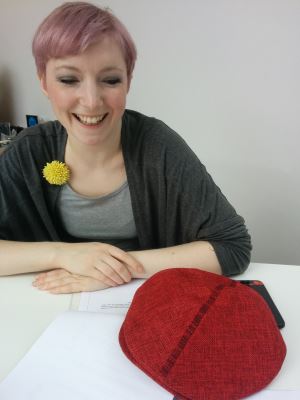 Leonora with Genetic Hat with DNA encoded in the thread pattern